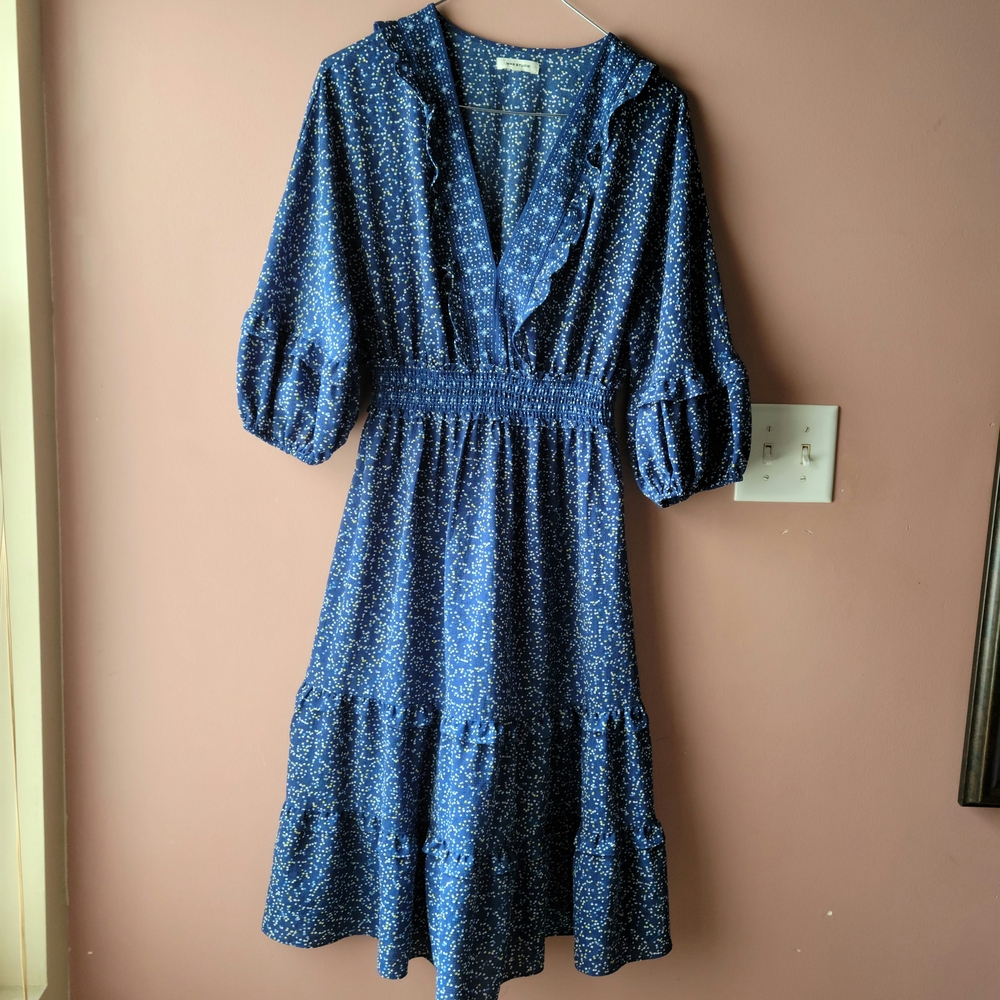 Max Studio Blue Floral/ Small Dotted Print Tiered Long Sleeve Dress